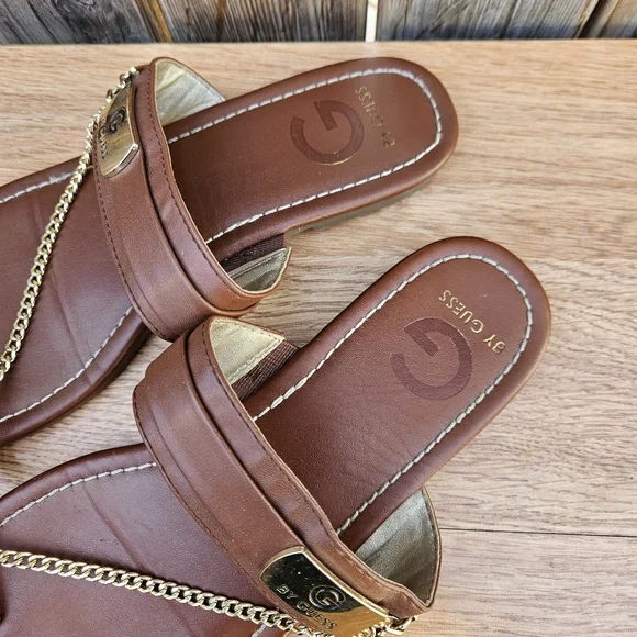 G By Guess Brown Leather Sandals with Gold Chain Size 8 - Picture 6 of 16